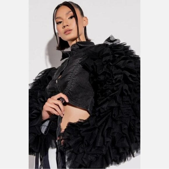 NWOT Azalea Wang Denim Highway To Hell Ruffle Arm Crop Denim Jacket - Picture 7 of 11